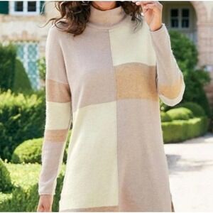 Soft Surroundings Quadro Colorblock Tunic Turtleneck Sweater Wool‎ Sz Medium Tan